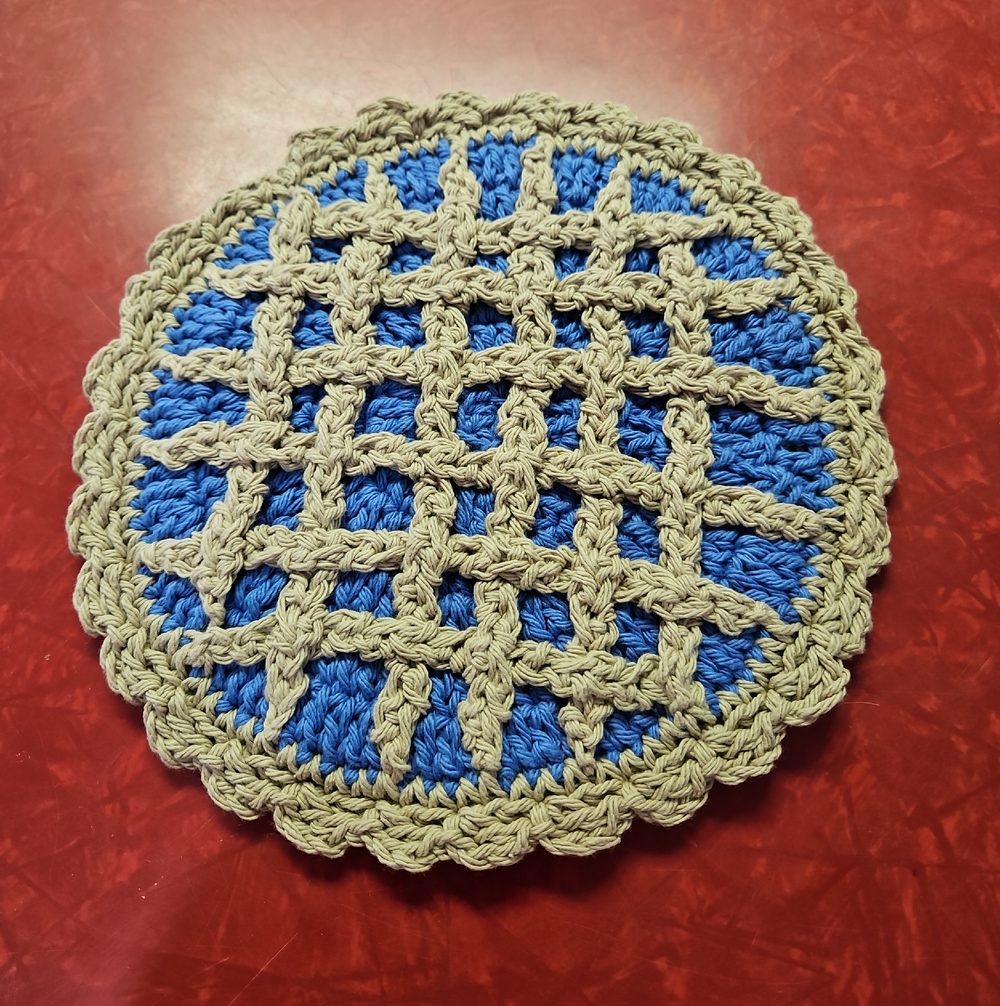 Handmade 9" Blueberry Pie Blue and Tan Crochet Hot Pad
